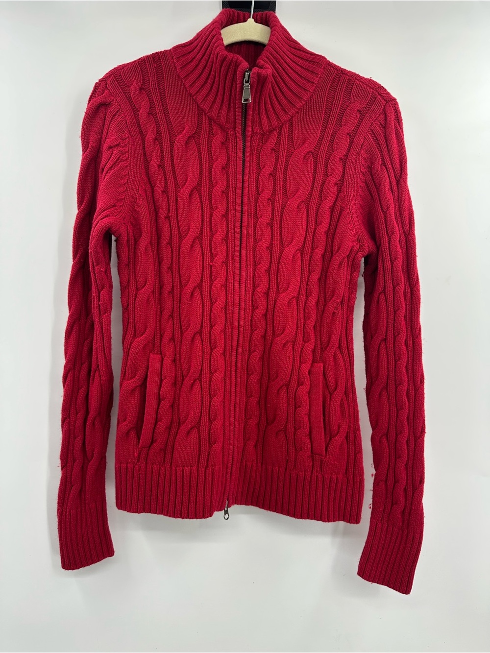 Eddie Bauer Red Cable-Knit Zip Front Sweater